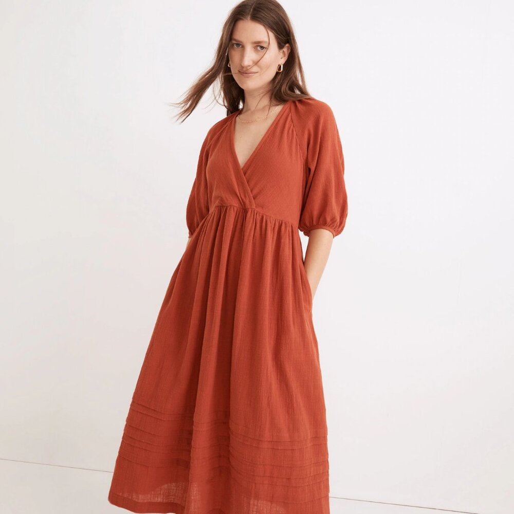 NWT Madewell Marianna Puff-Sleeve Midi Dress Orange Women's Size Medium Peasant